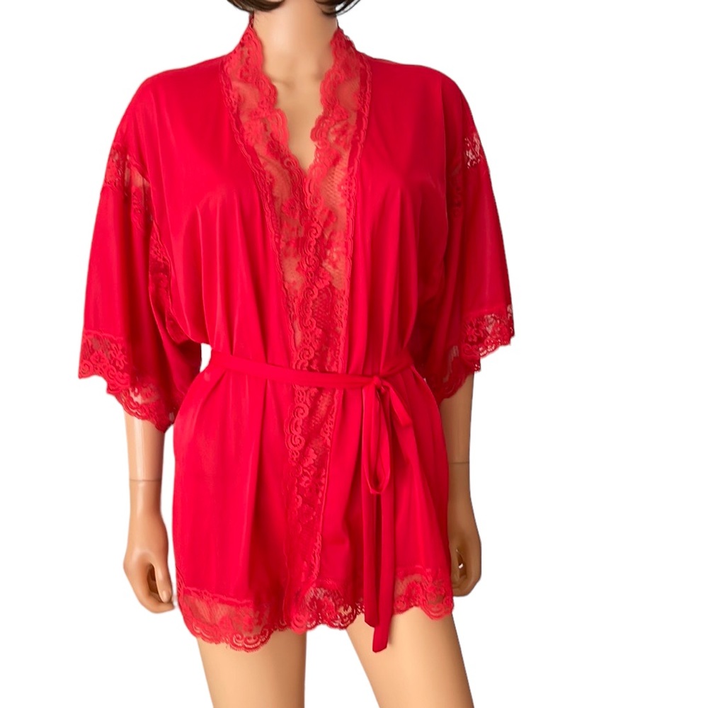 NWOT Vintage Olga Red Lace Short Robe Tie Waist Size M
